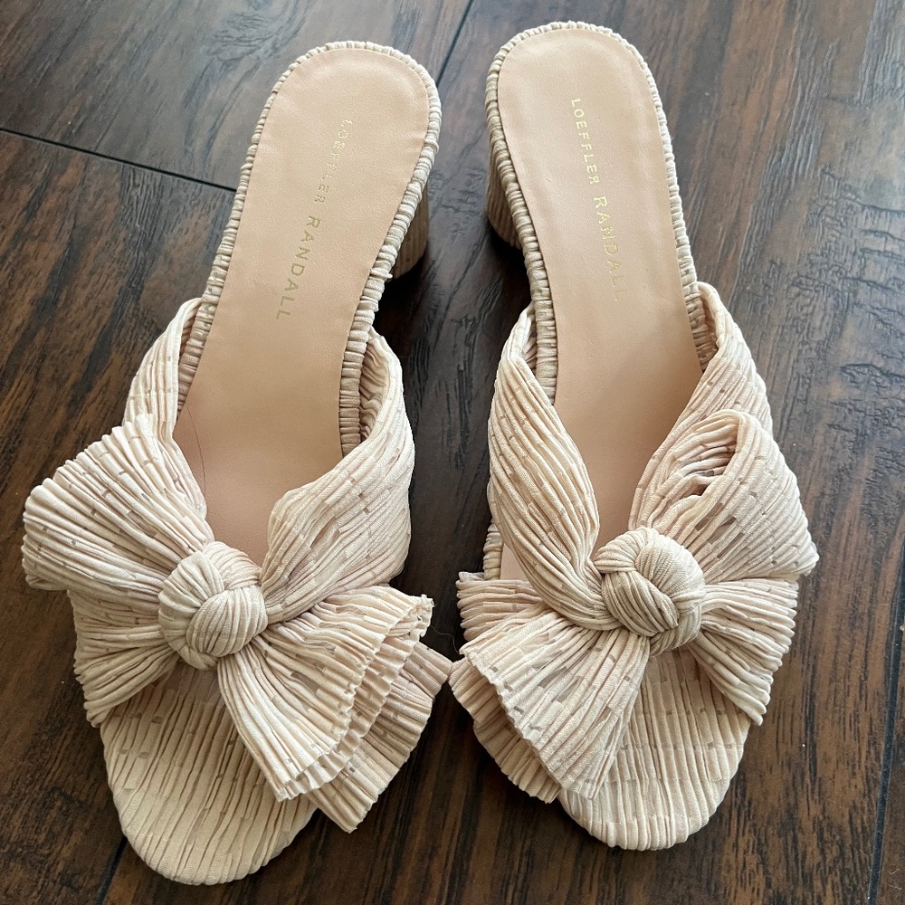 Loeffler Randall Emilia pleated Bow Sandal mule heel nude size 7.5 7/12